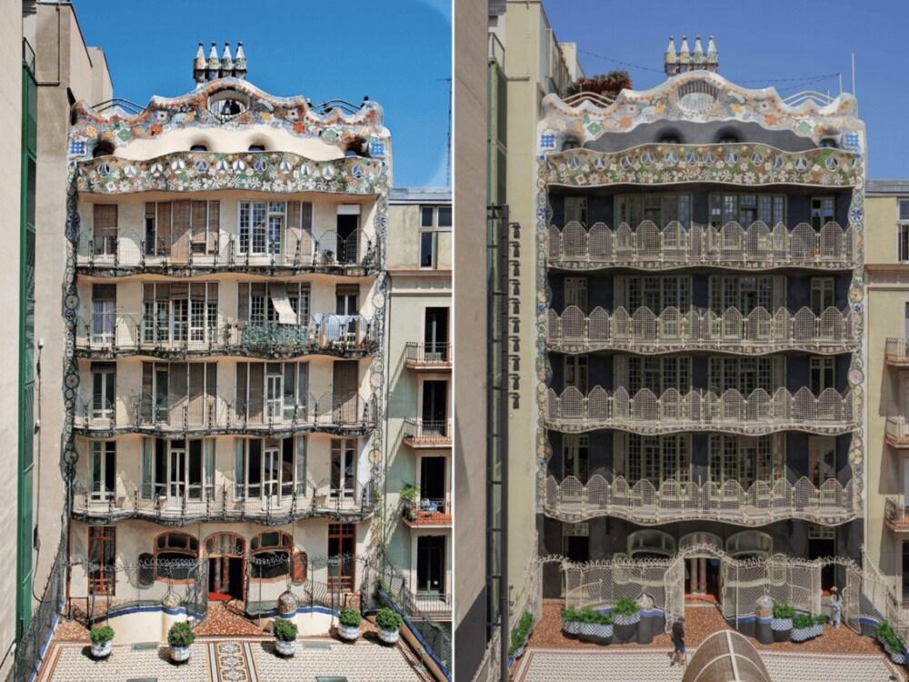 La façade aujourd'hui, à gauche, et la façade telle qu'elle était avant la restauration
